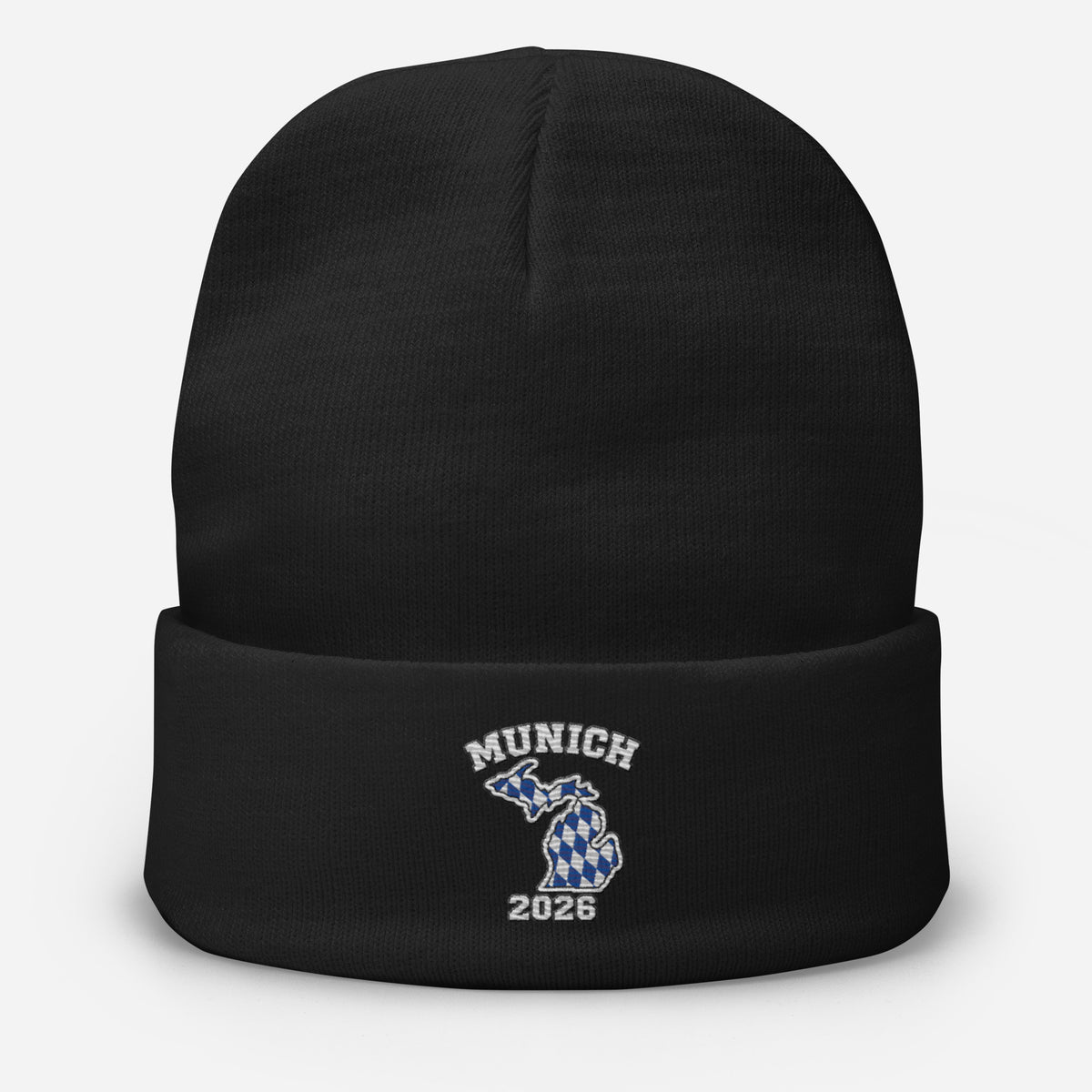 Black Munich 2026 Michigan beanie with blue-and-white Bavarian checker embroidery, front view