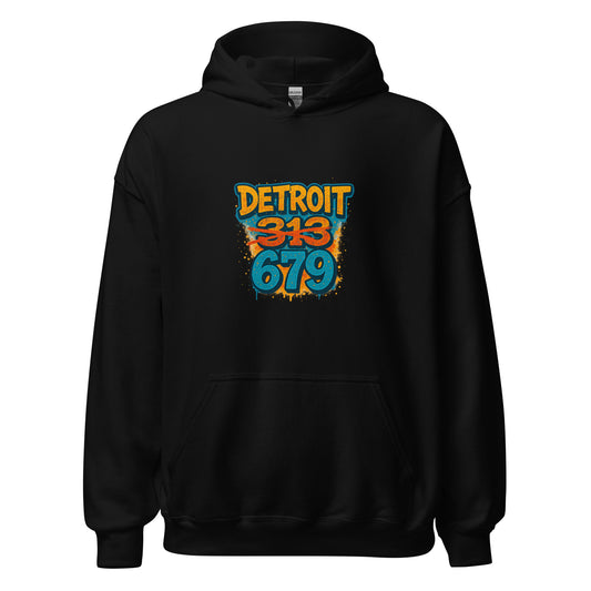 Detroit 679 unisex hoodie with graffiti-inspired Motor City design